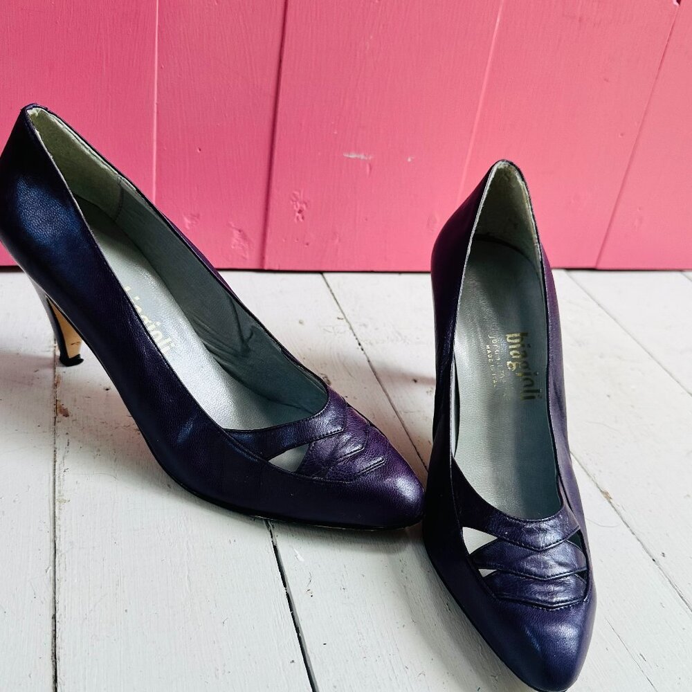 Vintage Biagioli Italy Purple Leather Cutout Pumps Pointed Heels Size 8